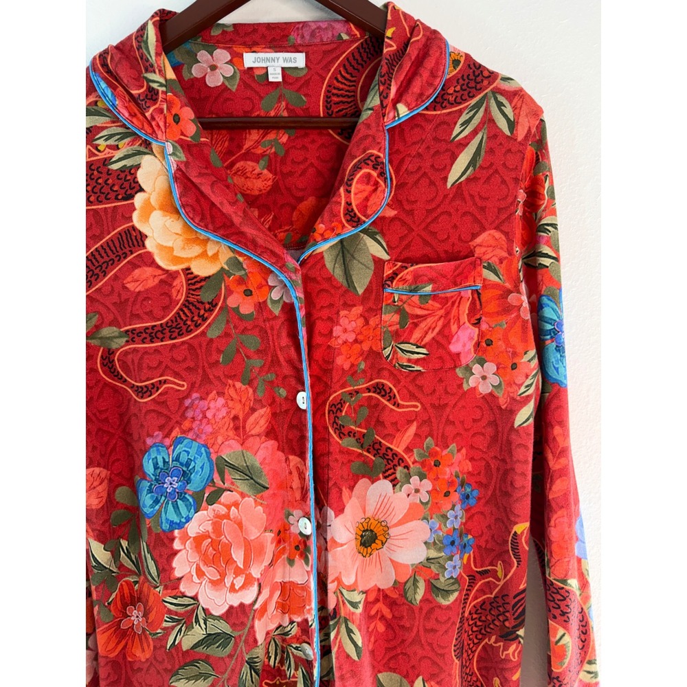 Johnny Was The Carly Pajama Top Dragon Floral Pima Cotton Red Sleepwear Lounge S - Picture 4 of 10